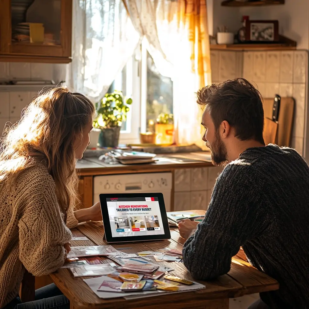 Couple exploring kitchen remodel financing options on a tablet in their outdated kitchen, planning renovations with affordable loan solutions.